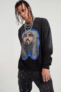 3325#acid washed billie eilish with a tearful jesus retro crew neck SWEATER 19