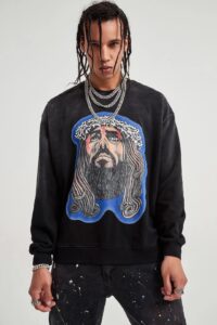3325#acid washed billie eilish with a tearful jesus retro crew neck SWEATER 20