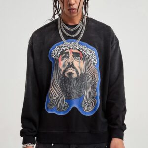 3325#acid washed billie eilish with a tearful jesus retro crew neck SWEATER