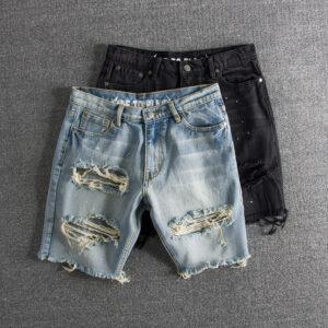 Washing to do old ink-spraying big hole youth tide foreign trade original single male denim shorts