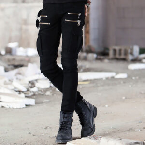 European and American trend men's BIKER pleated elastic small foot casual pants high street multi-pocket zipper trim pants