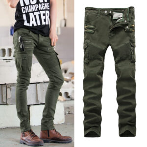 European and American trend men's BIKER pleated elastic small foot casual pants high street multi-pocket zipper trim pants