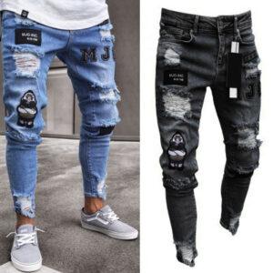 Foreign trade fast-selling European and American men's skinny jeans patch embroidered hole locomotive pants