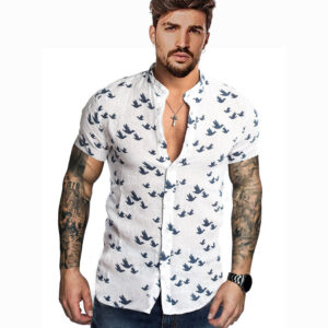 men's casual short-sleeved shirt 3D printed linen collar European and American shirt men's cotton linen