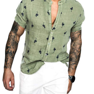 men's casual short-sleeved shirt 3D printed linen collar European and American shirt men's cotton linen