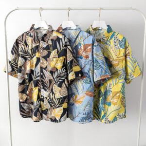 summer new Korean wind net red ins tide card print shirt loose trend couple beach travel shirt