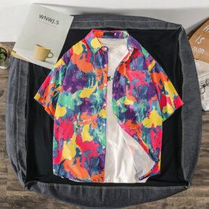 summer new Korean wind net red ins tide card print shirt loose trend couple beach travel shirt