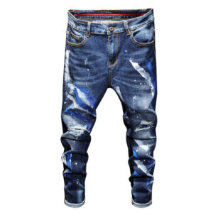 European station autumn and winter new men's trend jeans small foot slim waist elastic casual men's blue denim trousers