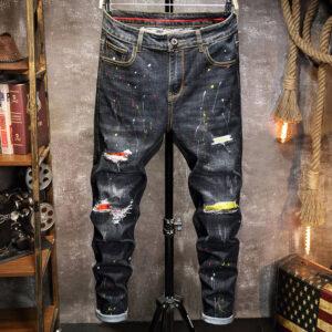 European station foreign trade fast selling embroidered jeans men's hole-breaking patch tide brand fashion small straight feet jeans