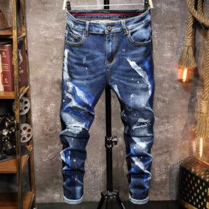 European station autumn and winter new men's trend jeans small foot slim waist elastic casual men's blue denim trousers