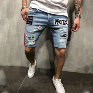 Foreign trade summer explosion men's fashion denim hole embroidered label shorts Europe and the United States loose straight jeans
