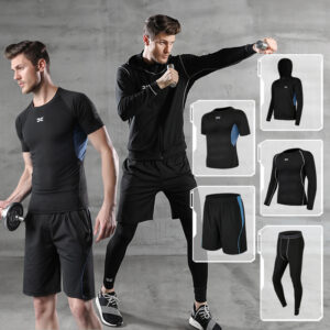 Fitness clothes men's tights gym morning running fast dry basketball sports kit training clothing summer five-piece set