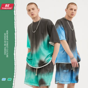 Spring/summer new spray-stained off-the-shoulder loose-sleeved lazy high street T-shirt shorts set (1331)