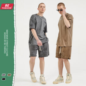 Summer new do old copy color patch embroidered short-sleeved European and American high street tide brand T-shirt shorts set (1308)