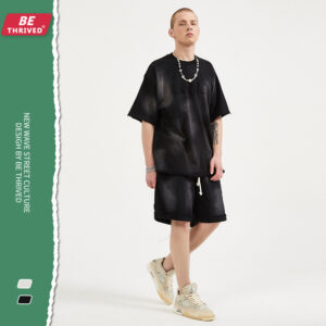 Spring and summer new spray-colored three-dimensional embossed letter hem loose edge design high street shorts set (1332)