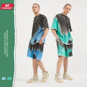 Spring/summer new spray-stained off-the-shoulder loose-sleeved lazy high street T-shirt shorts set (1331)