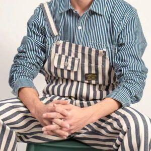 Vinage Aramco workwear denim strappy men's vintage tannin navy blue-and-white striped wide-legged jumpsuit